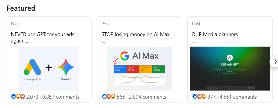 Three featured posts from the account, with 9,857, 2,894 and 4,561 comments.
