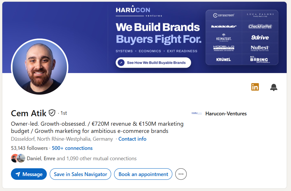 Cem Atik's LinkedIn profile. Harucon Ventures, marketing for e-commerce brands, Dusseldorf, 53,143 followers.